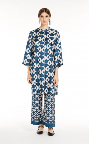 Calças Max Mara Fluid Printed Silk Azul Marinho | MMR593798