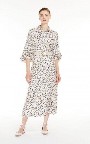 Vestido Max Mara Printed Silk Shirt Branco Pretas | MMR593346